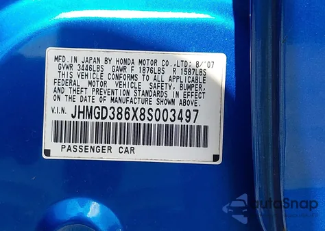 2008 Honda Fit Sport из США, поврежденный, VIN JHMGD386X8S003497